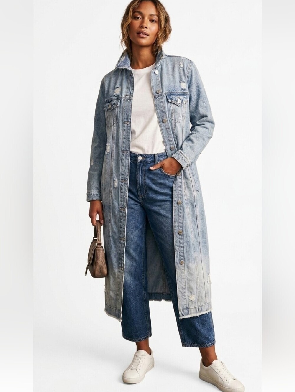 Vintage Tribal Jeans Distressed Denim Duster Coat Small Y2K Grunge